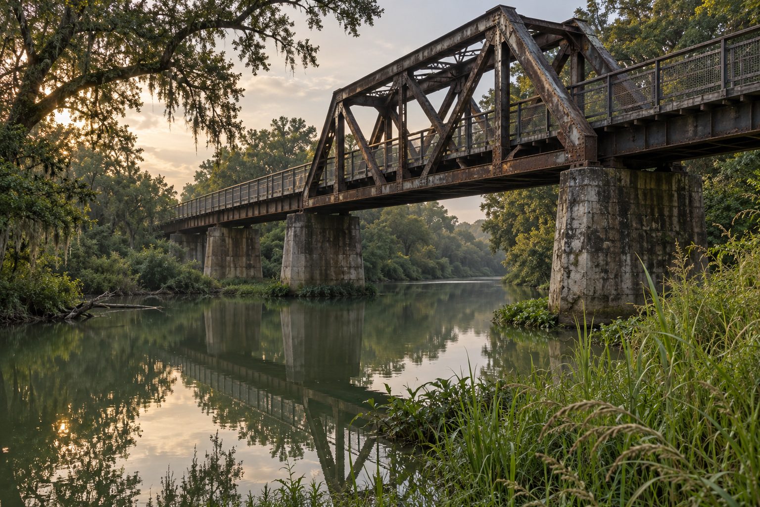 Old steel railroad trestle crossing a still green bayou at sunrise